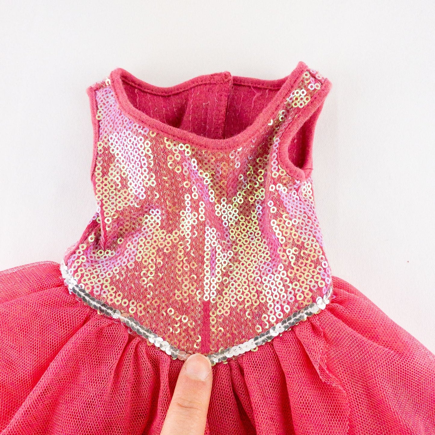 American Girl pink ballet dress with sequin bodice and tulle skirt with matching slippers laid flat on white background showing front and back details image 4
