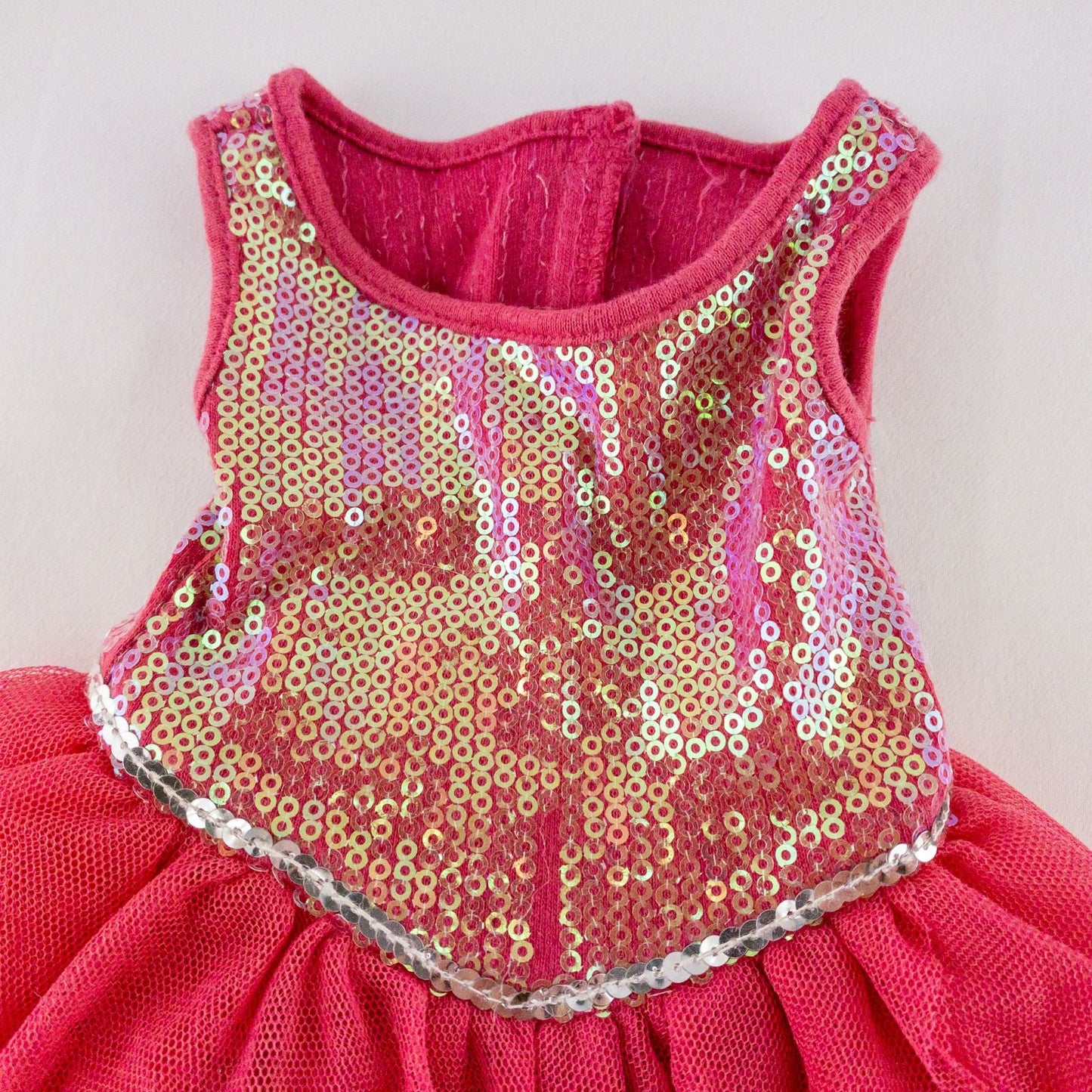 American Girl pink ballet dress with sequin bodice and tulle skirt with matching slippers laid flat on white background showing front and back details image 3