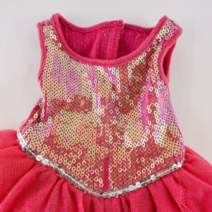 American Girl pink ballet dress with sequin bodice and tulle skirt with matching slippers laid flat on white background showing front and back details image 3