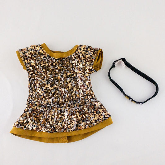 American Girl sparkly gold sequin peplum party top with matching black velvet headband for doll