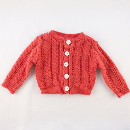 American Girl Kit doll outfit set with yellow floral dress, coral knit cardigan with flower buttons, and yellow shoes with coral bows image 7