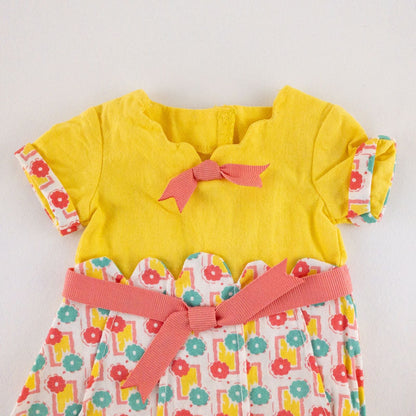 American Girl Kit doll outfit set with yellow floral dress, coral knit cardigan with flower buttons, and yellow shoes with coral bows image 3