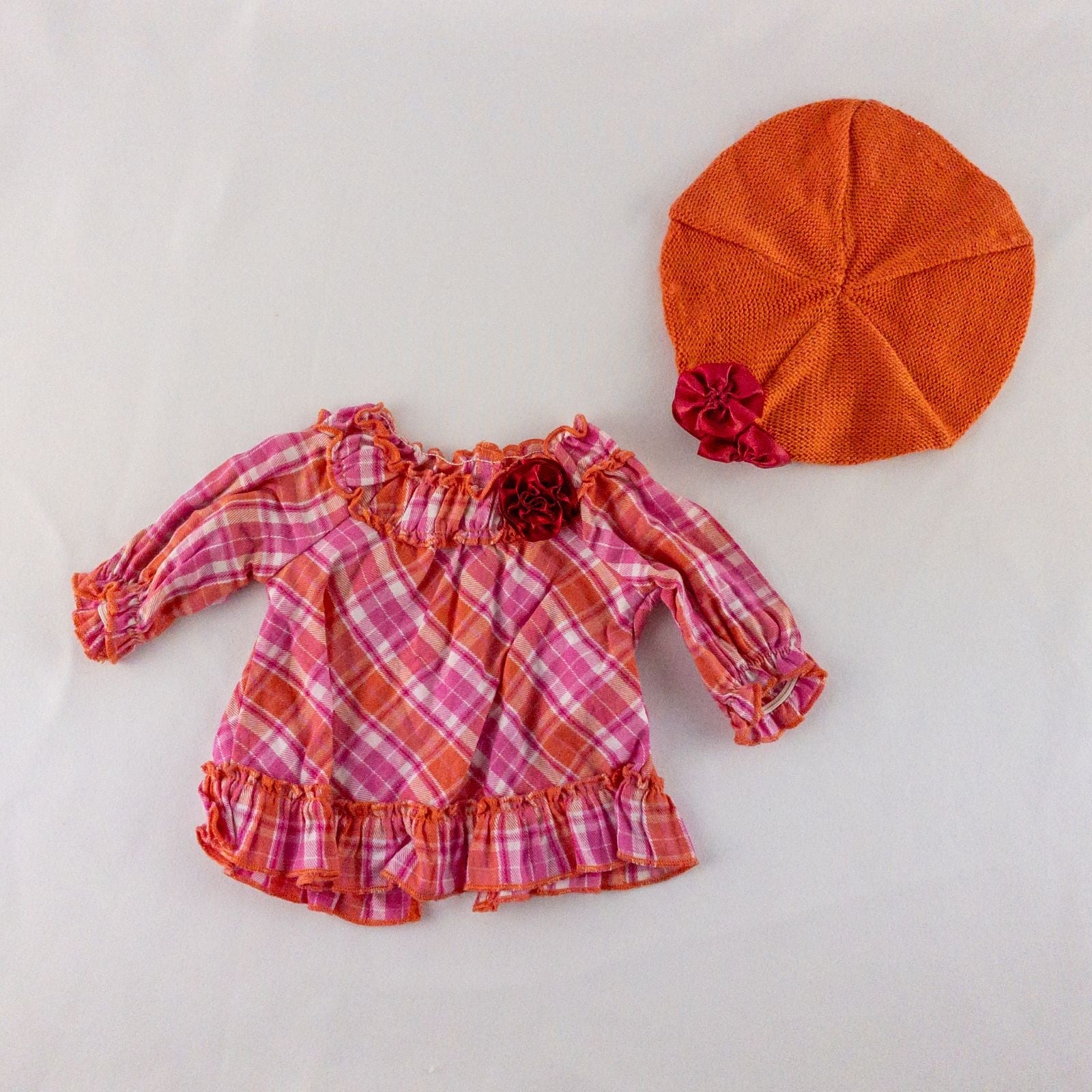 American Girl Bitty Baby pink & orange plaid top and matching orange knit hat doll outfit