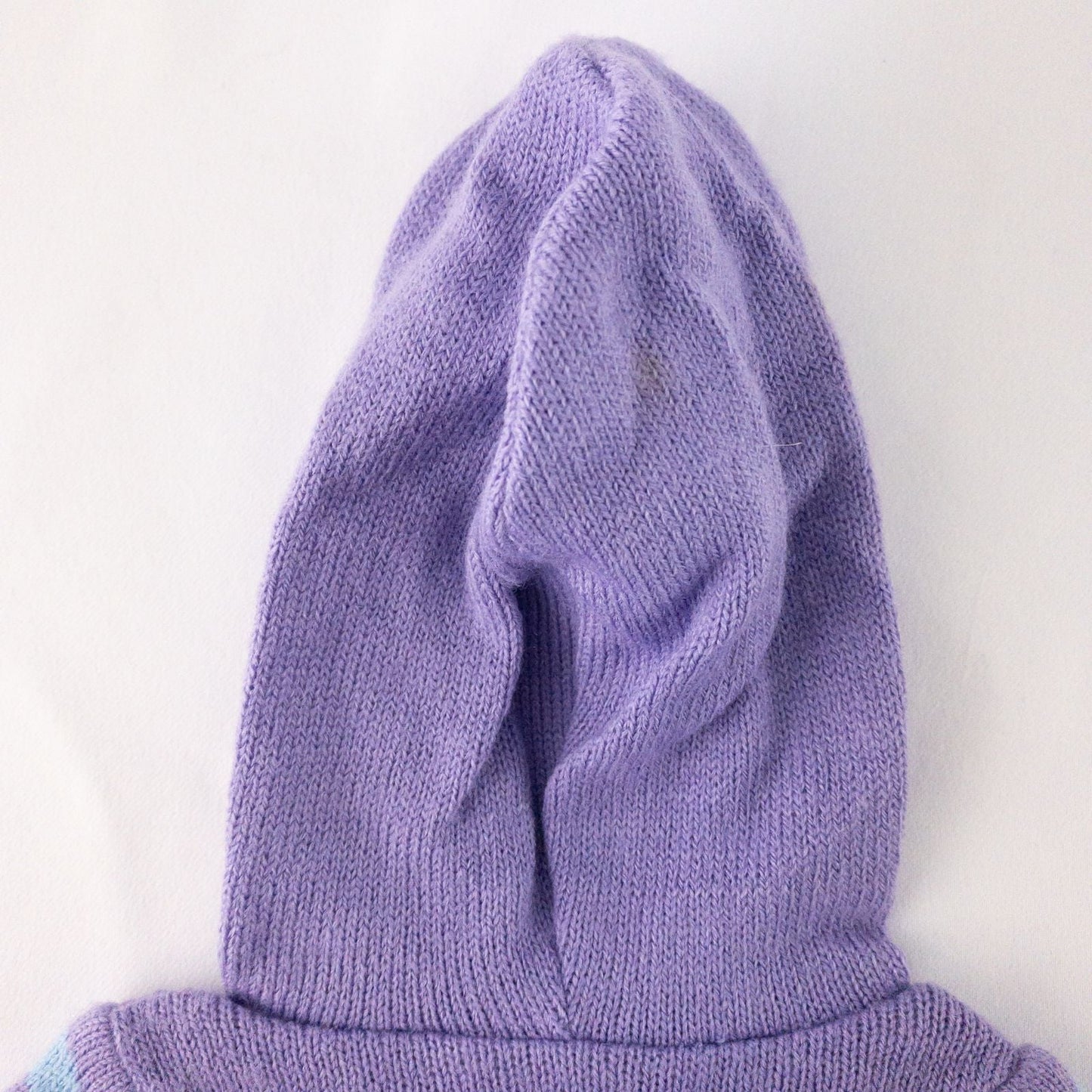 American Girl doll outfit with purple polka dot hoodie, blue pants, and magenta hat laid flat with visible light marks image 6