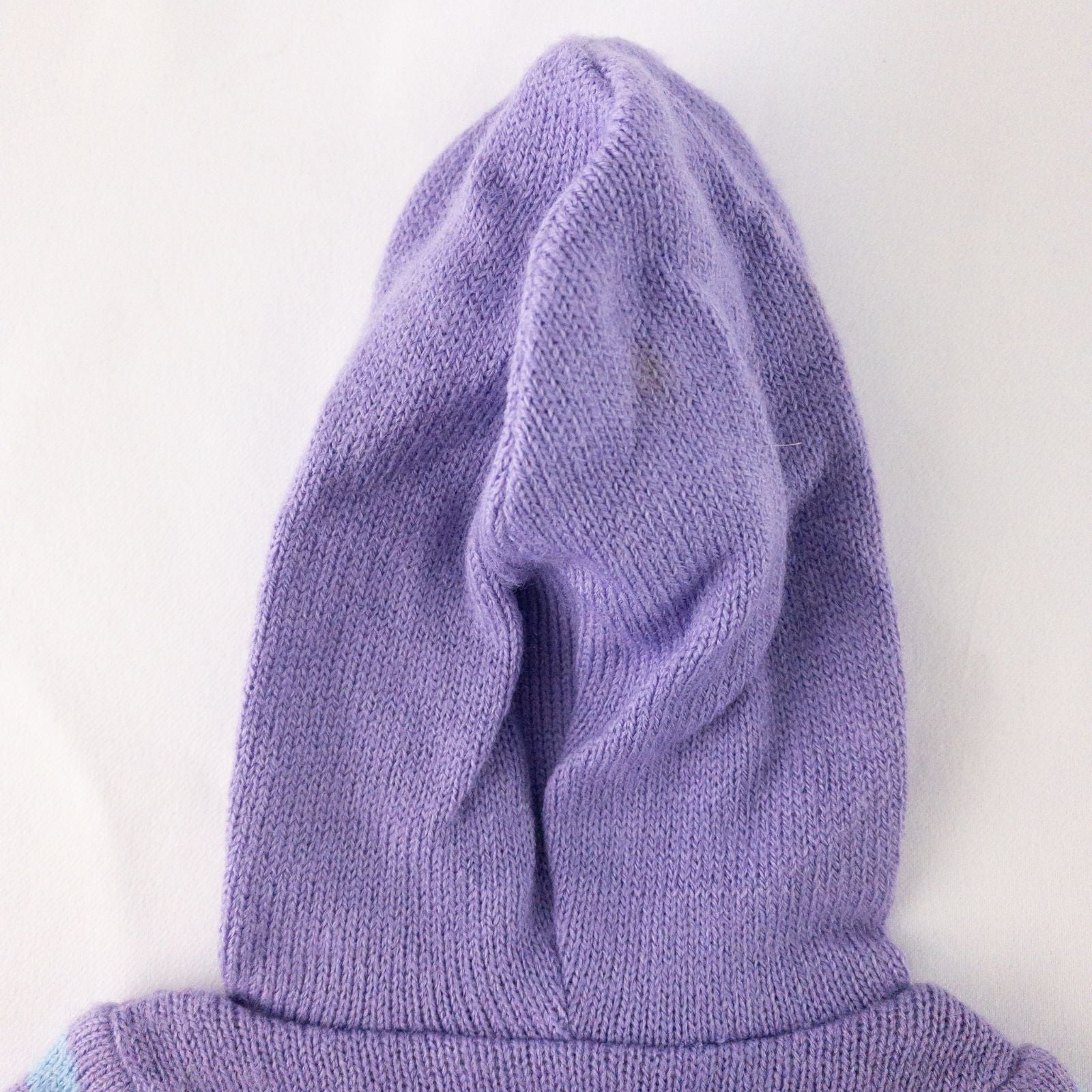 American Girl doll outfit with purple polka dot hoodie, blue pants, and magenta hat laid flat with visible light marks image 6