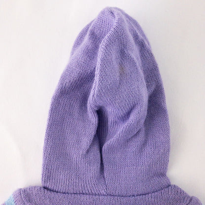 American Girl doll outfit with purple polka dot hoodie, blue pants, and magenta hat laid flat with visible light marks image 6