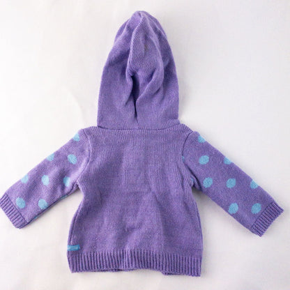 American Girl doll outfit with purple polka dot hoodie, blue pants, and magenta hat laid flat with visible light marks image 5