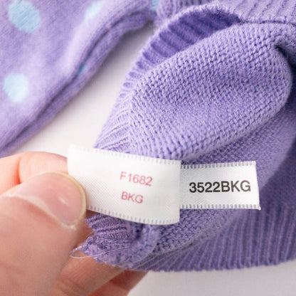American Girl doll outfit with purple polka dot hoodie, blue pants, and magenta hat laid flat with visible light marks image 9
