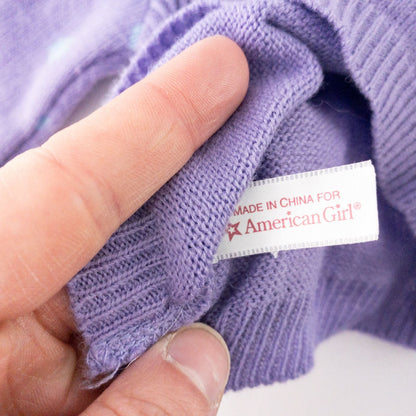 American Girl doll outfit with purple polka dot hoodie, blue pants, and magenta hat laid flat with visible light marks image 8