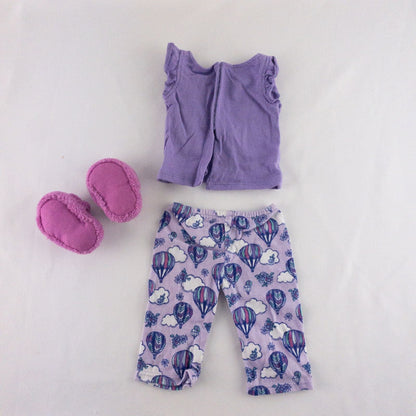 American Girl doll outfit featuring purple sleeveless top with hot air balloon print, matching pajama bottoms with hot air balloons, and pink fuzzy slippers image 5