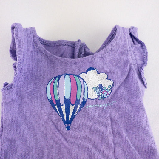 American Girl doll outfit featuring purple sleeveless top with hot air balloon print, matching pajama bottoms with hot air balloons, and pink fuzzy slippers image 2