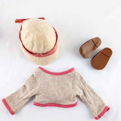 American Girl doll outfit set with floral top, pink skirt, cropped cardigan, hat, and tiny shoes laid flat image 8