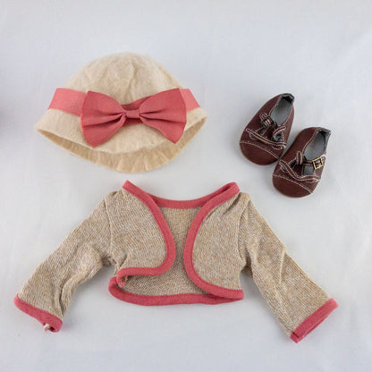 American Girl doll outfit set with floral top, pink skirt, cropped cardigan, hat, and tiny shoes laid flat image 7