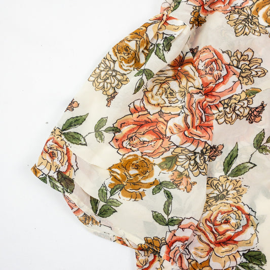 DR2 Floral Rose Beige Pink Sheer Blouse Top Womens Medium