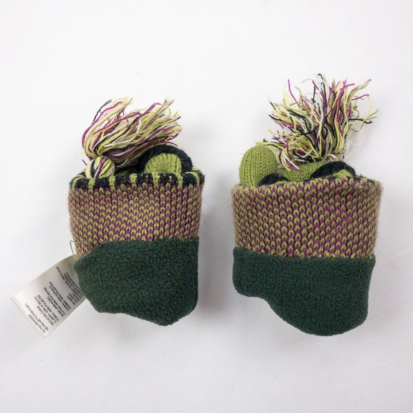 Green and purple fleece lined knit mittens with geometric pattern and tassels image 12