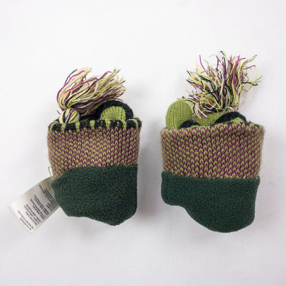 Green and purple fleece lined knit mittens with geometric pattern and tassels image 12