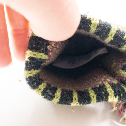 Green and purple fleece lined knit mittens with geometric pattern and tassels image 11