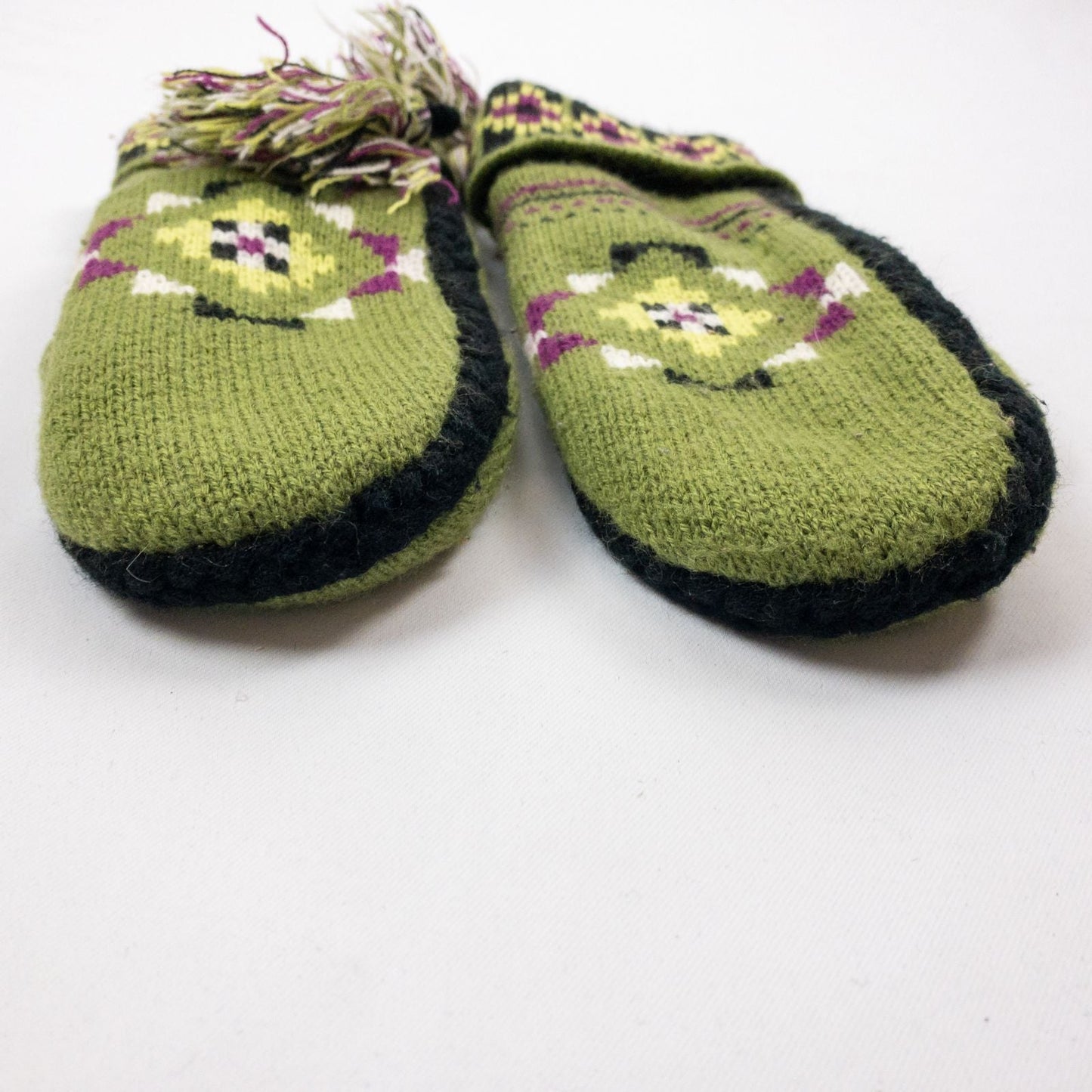Green and purple fleece lined knit mittens with geometric pattern and tassels image 5