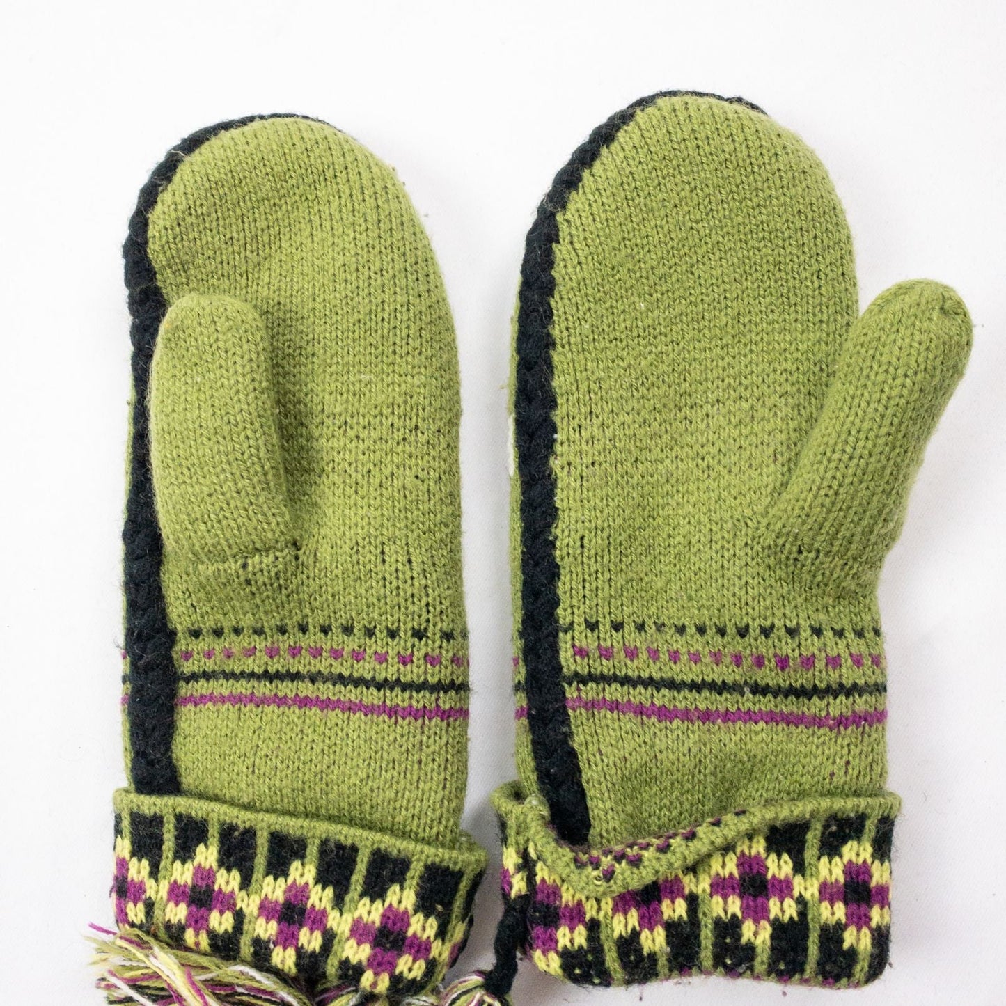 Green and purple fleece lined knit mittens with geometric pattern and tassels image 8