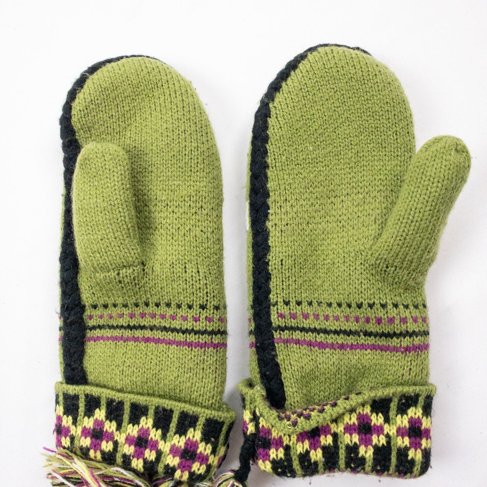 Green and purple fleece lined knit mittens with geometric pattern and tassels image 8