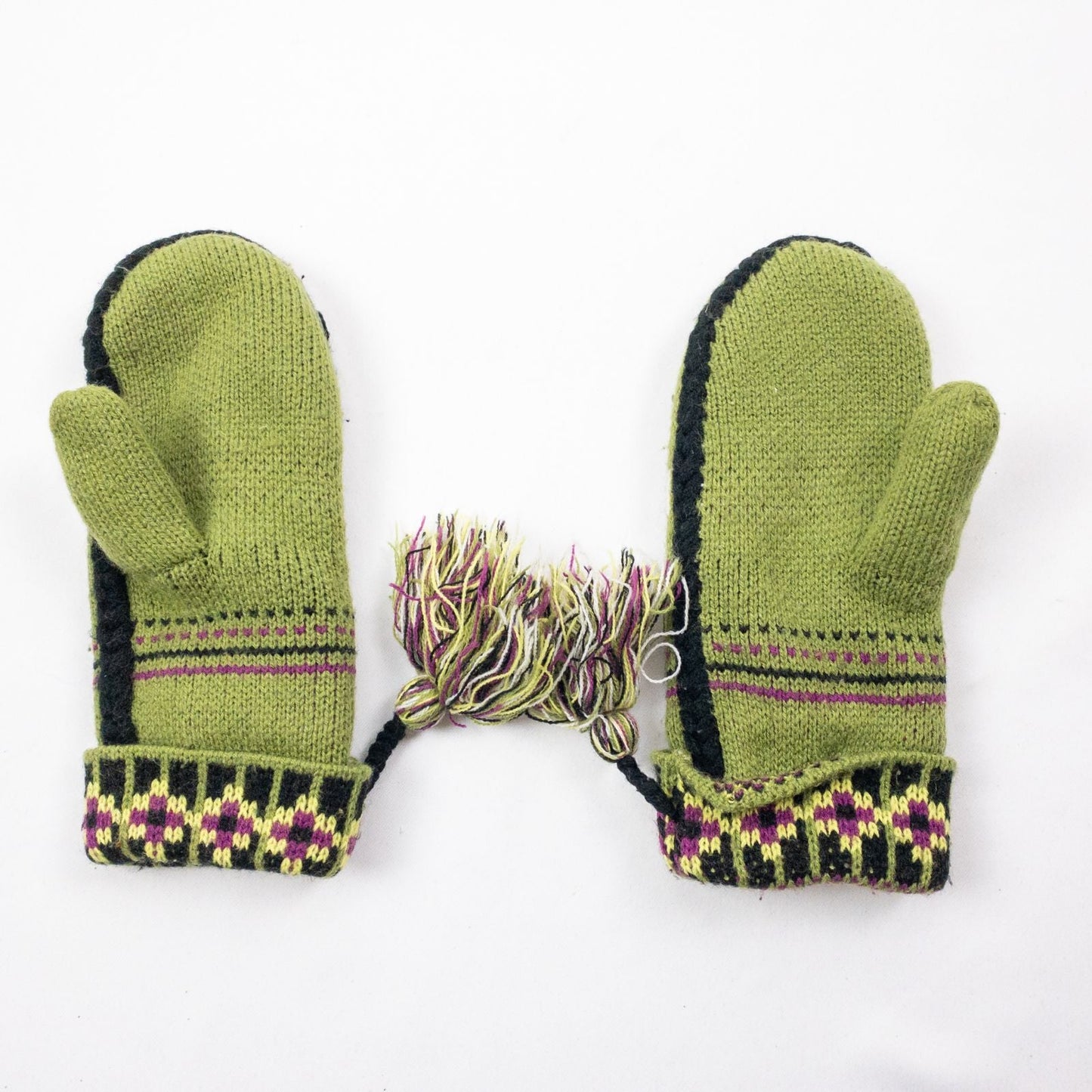 Green and purple fleece lined knit mittens with geometric pattern and tassels image 7