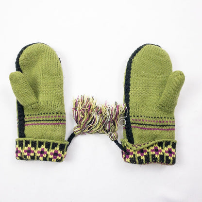 Green and purple fleece lined knit mittens with geometric pattern and tassels image 7