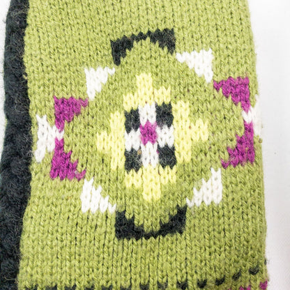 Green and purple fleece lined knit mittens with geometric pattern and tassels image 10