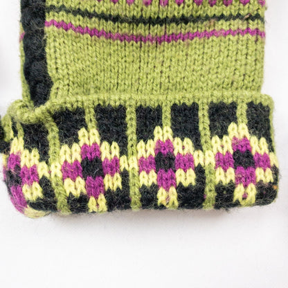Green and purple fleece lined knit mittens with geometric pattern and tassels image 4