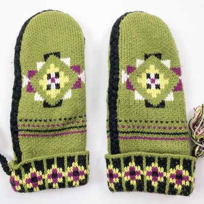 Green and purple fleece lined knit mittens with geometric pattern and tassels image 3