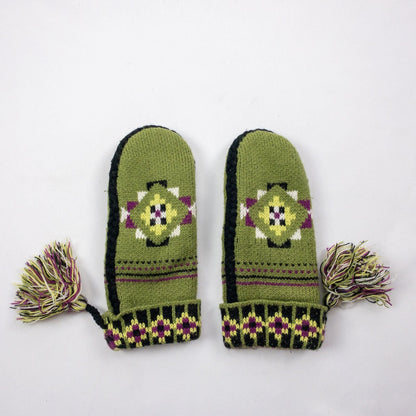 Green and purple fleece lined knit mittens with geometric pattern and tassels