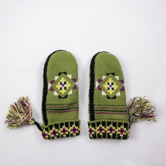 Green and purple fleece lined knit mittens with geometric pattern and tassels