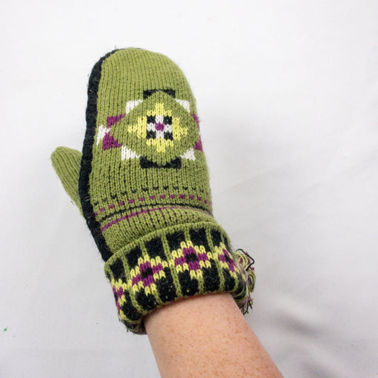 Green and purple fleece lined knit mittens with geometric pattern and tassels image 2