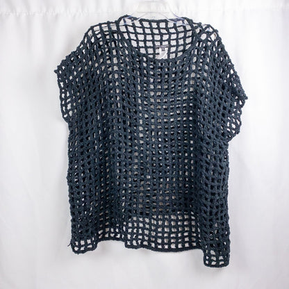 Carla Fernandez black fishnet knit rope sweater with short sleeves displayed on a hanger against a white background
