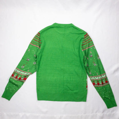 Green Star Wars holiday sweater with X-wing and TIE fighter knit pattern front view and detail shots image 7
