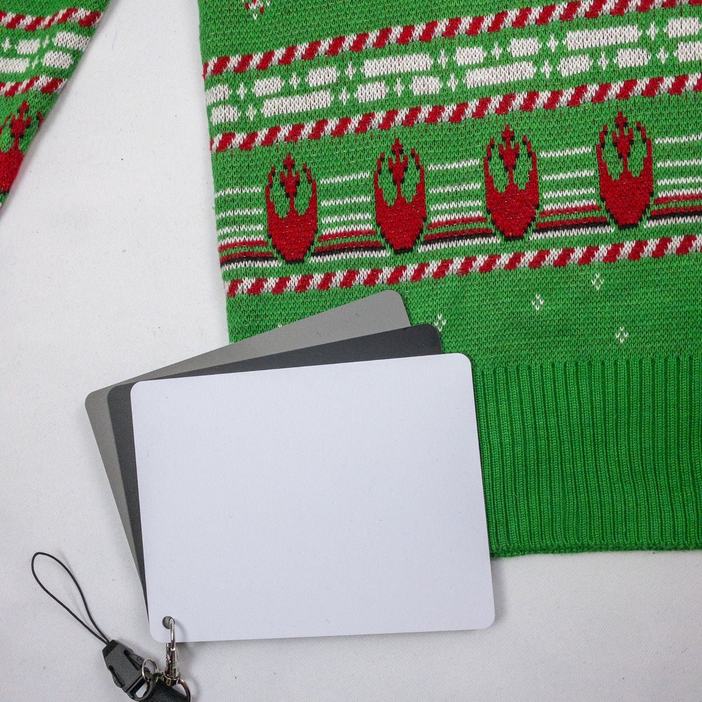 Green Star Wars holiday sweater with X-wing and TIE fighter knit pattern front view and detail shots image 9