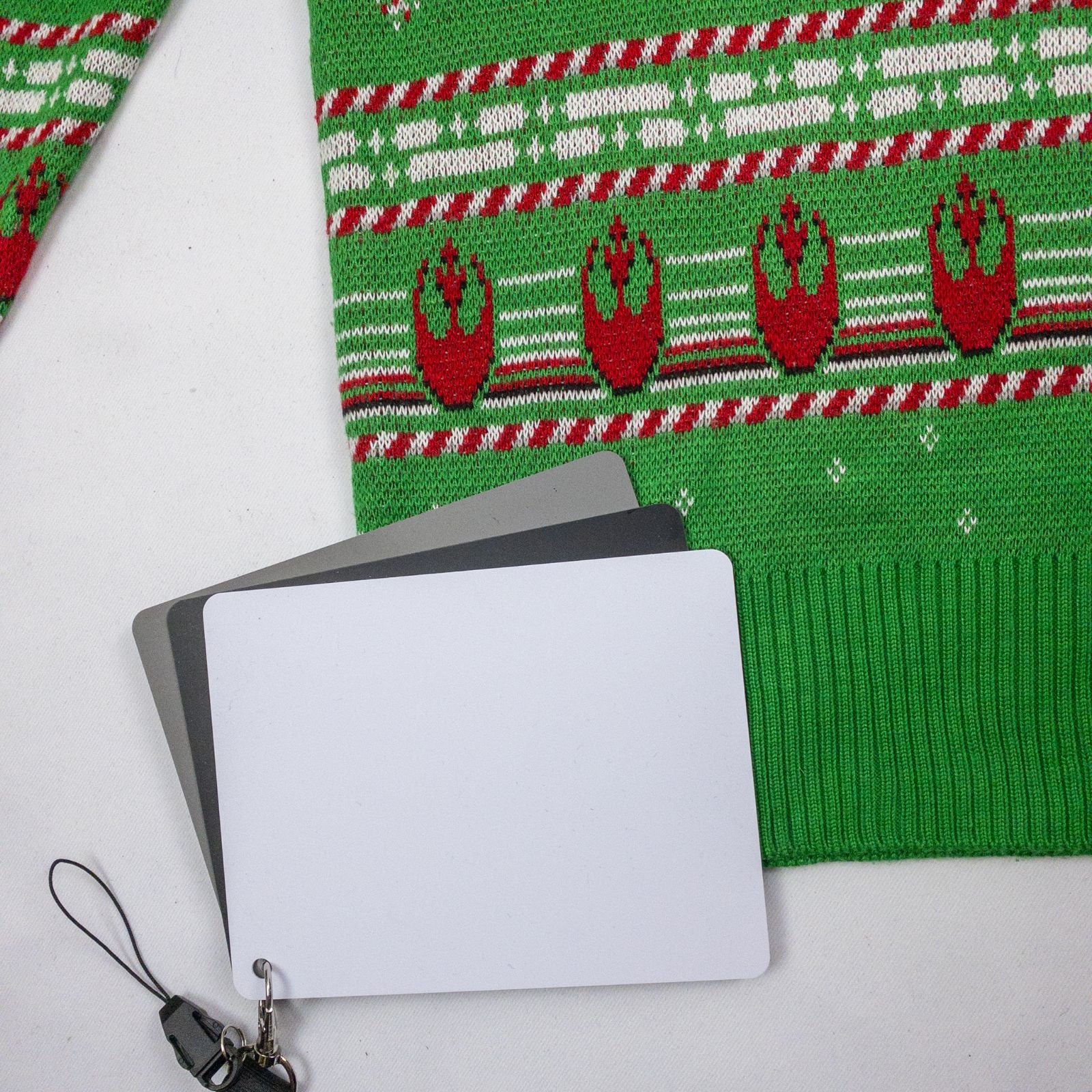 Green Star Wars holiday sweater with X-wing and TIE fighter knit pattern front view and detail shots image 9