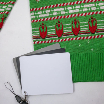 Green Star Wars holiday sweater with X-wing and TIE fighter knit pattern front view and detail shots image 9