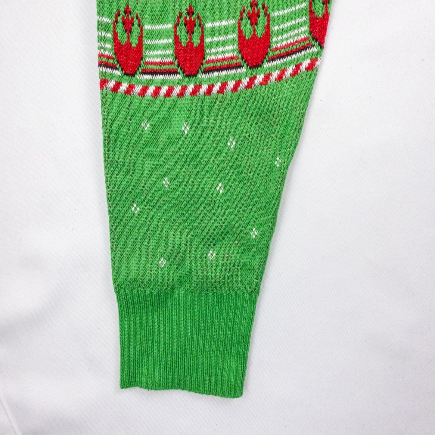Green Star Wars holiday sweater with X-wing and TIE fighter knit pattern front view and detail shots image 4