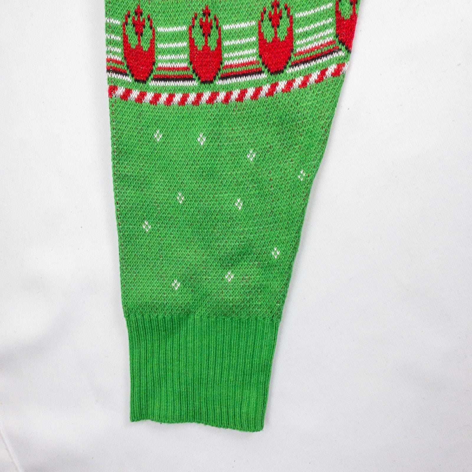 Green Star Wars holiday sweater with X-wing and TIE fighter knit pattern front view and detail shots image 4