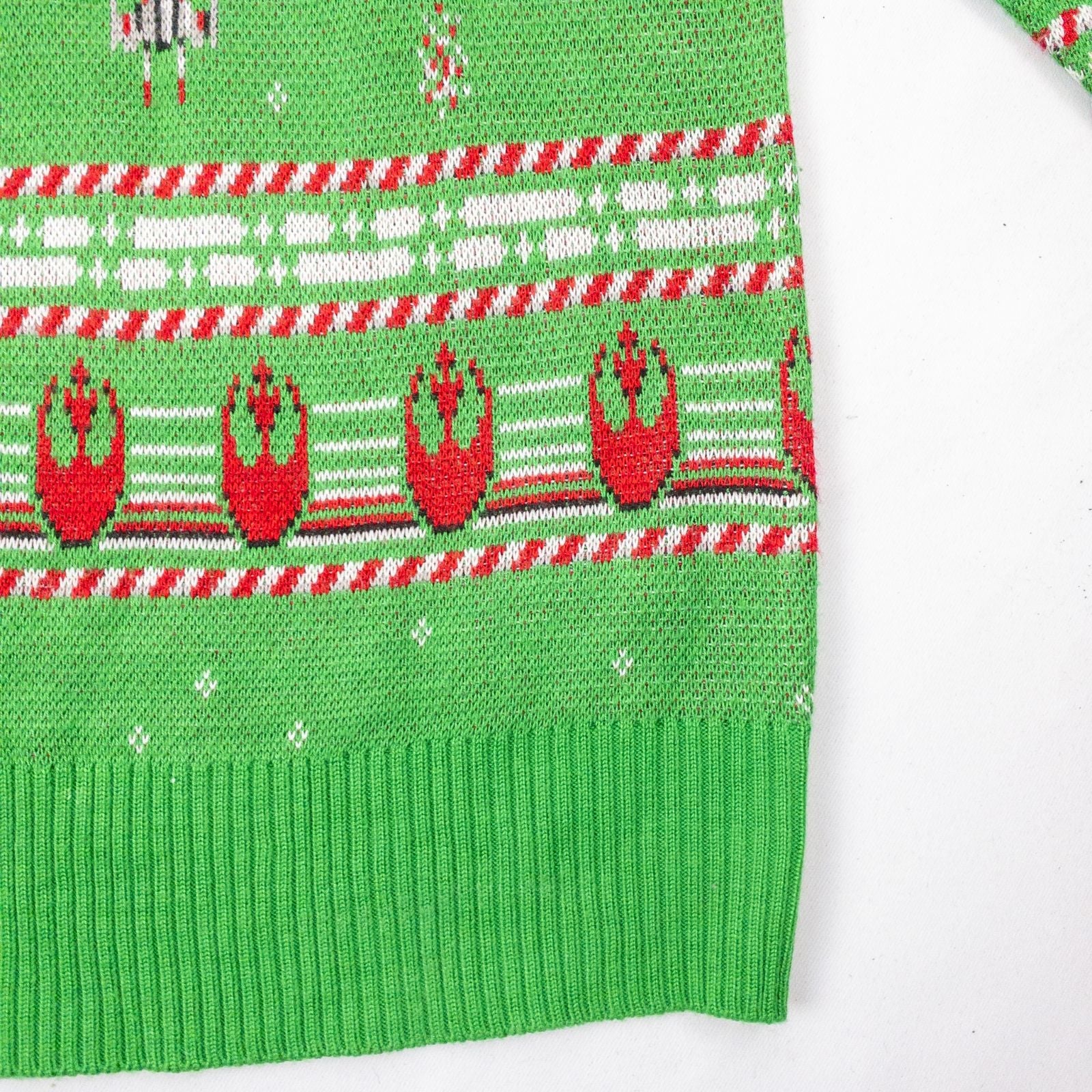 Green Star Wars holiday sweater with X-wing and TIE fighter knit pattern front view and detail shots image 5