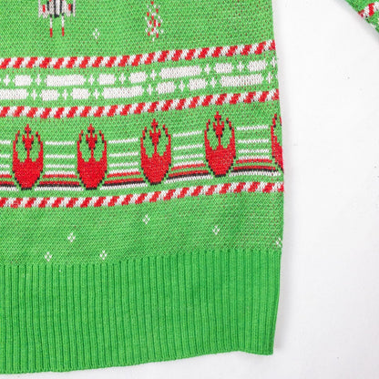 Green Star Wars holiday sweater with X-wing and TIE fighter knit pattern front view and detail shots image 5