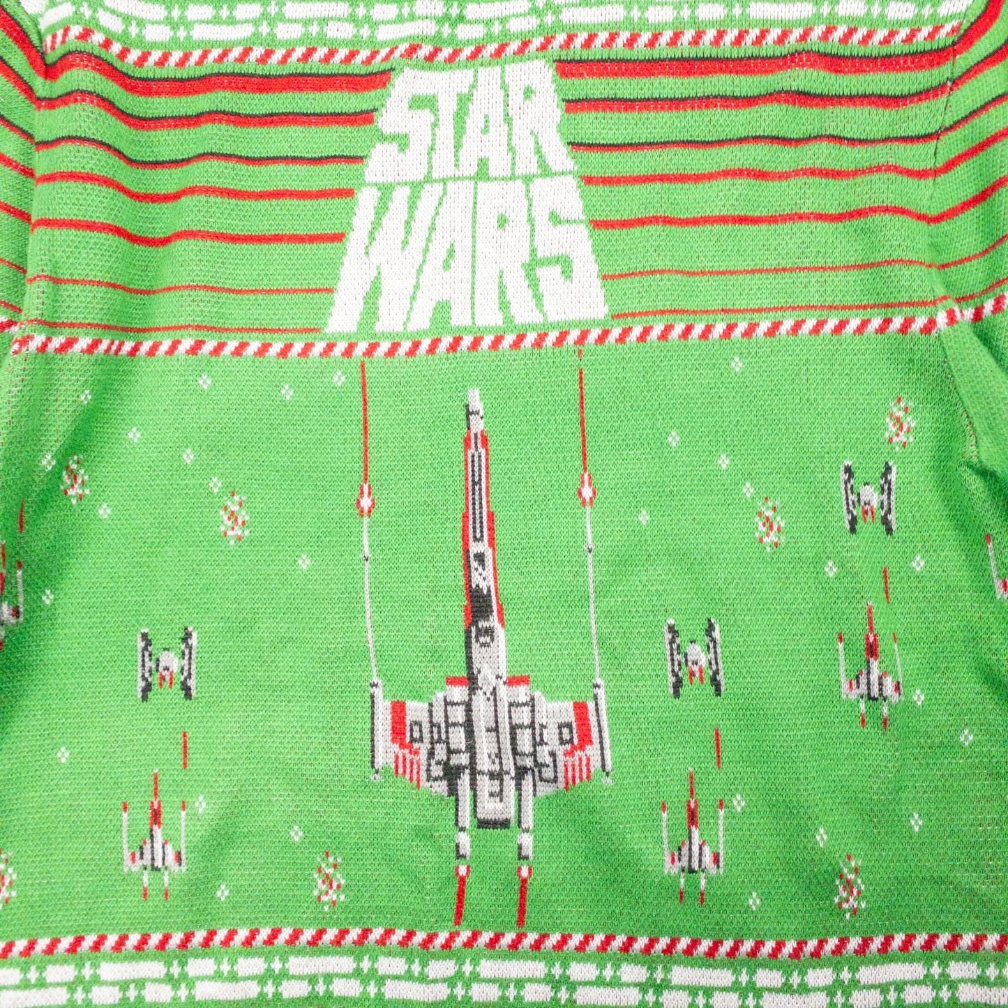 Green Star Wars holiday sweater with X-wing and TIE fighter knit pattern front view and detail shots image 3