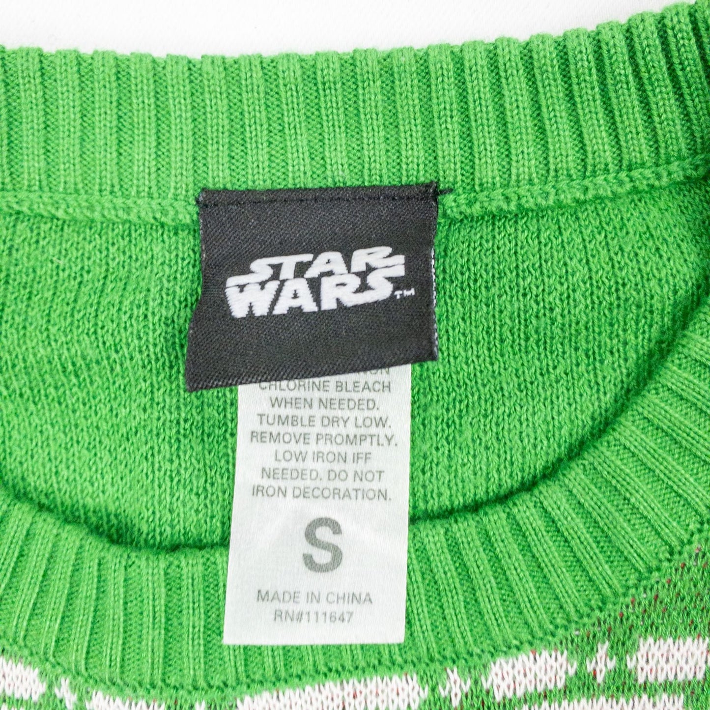 Green Star Wars holiday sweater with X-wing and TIE fighter knit pattern front view and detail shots image 10