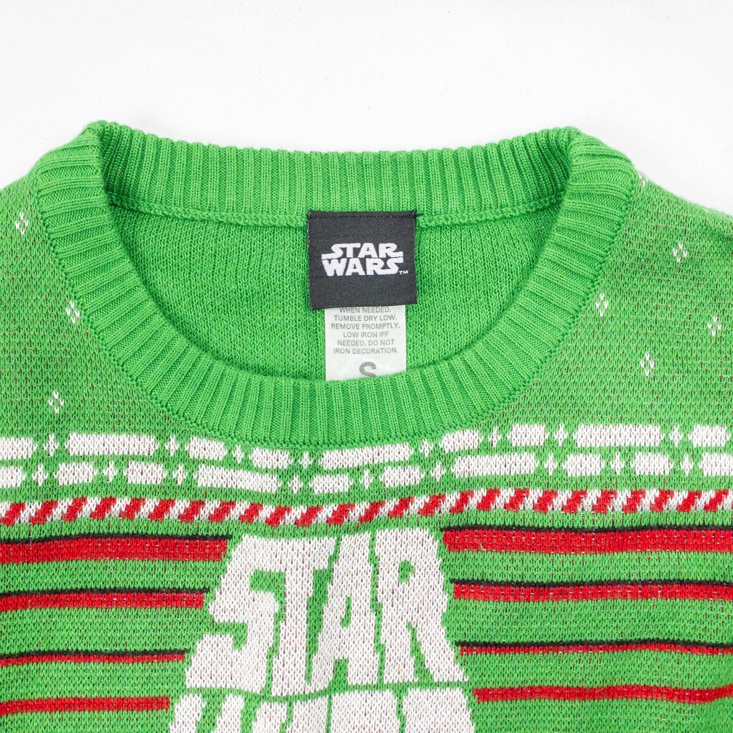 Green Star Wars holiday sweater with X-wing and TIE fighter knit pattern front view and detail shots image 2