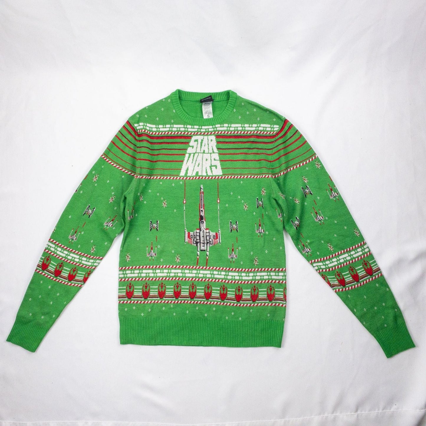 Green Star Wars holiday sweater with X-wing and TIE fighter knit pattern front view and detail shots image 12