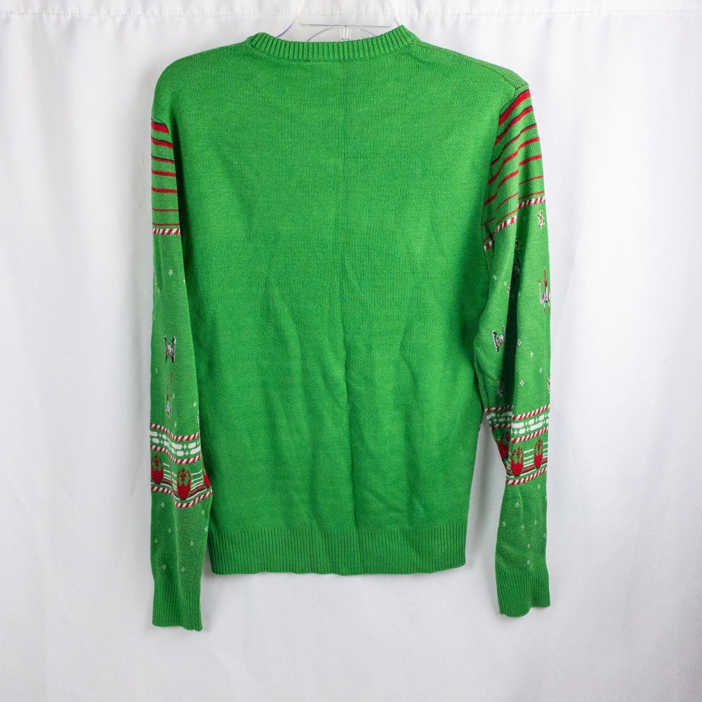 Green Star Wars holiday sweater with X-wing and TIE fighter knit pattern front view and detail shots image 6