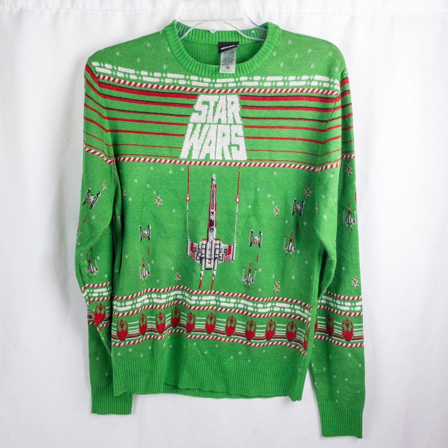 Green Star Wars holiday sweater with X-wing and TIE fighter knit pattern front view and detail shots