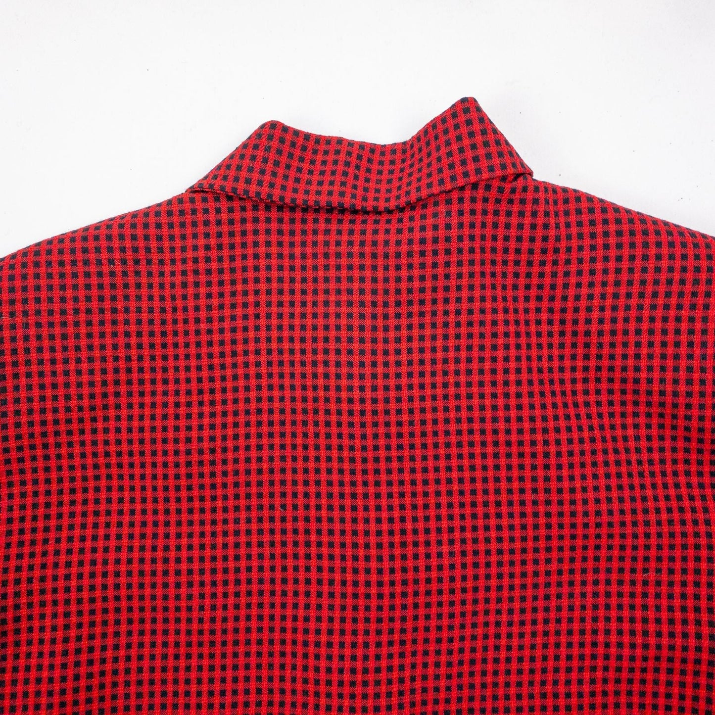 Coco Blanco vintage red and black checkered shirt with ornate buttons and short sleeves on hanger image 9