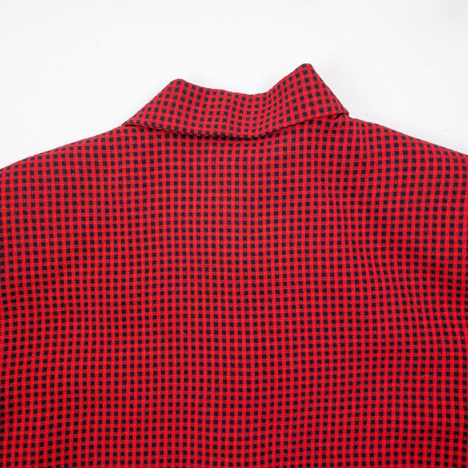 Coco Blanco vintage red and black checkered shirt with ornate buttons and short sleeves on hanger image 9