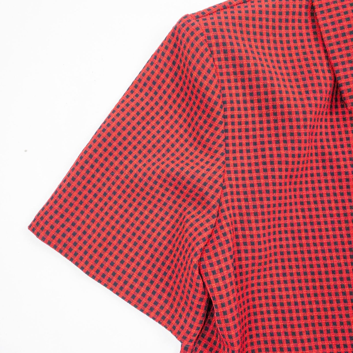 Coco Blanco vintage red and black checkered shirt with ornate buttons and short sleeves on hanger image 4